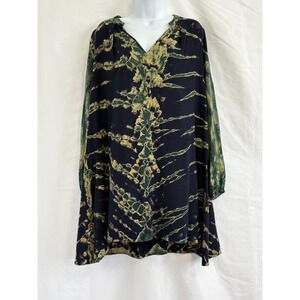 Tina Jo Boho Tie Dye Long Sleeve V-Neck Shirt Dress XS Navy Green Yellow  Tunic